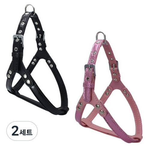 펫나인 강아지와 고양이 인조 뱀피 스타일 하네스 블랙 + 핑크, 2세트