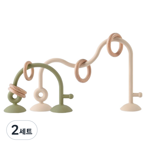 LittleLife 실리콘 커브 앤 링 + 우드 흡착 딸랑이 2종 세트, A(베이지 L, 올리브 S), 2세트