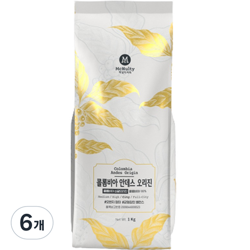 맥널티 홀빈 커피원두 콜롬비아 안데스 오리진, 홀빈(분쇄안함), 1kg, 6개