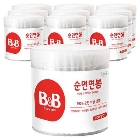 비앤비 원형 순면 유아 면봉, 200개입, 10개