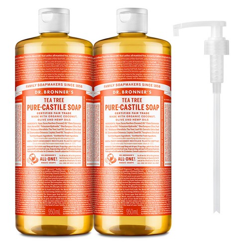 닥터브로너스 퓨어 캐스틸 솝 페이스 앤 바디워시 티트리 2p + 펌프 1p, 950ml, 2개
