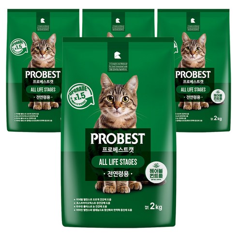 프로베스트 고양이 그린 전연령 기능성 사료, 헤어볼+장건강, 2kg, 4개