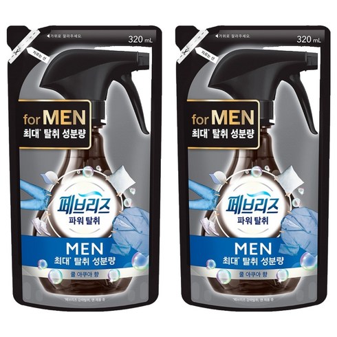 페브리즈 섬유 탈취제 맨 쿨 아쿠아향 리필, 320ml, 2개
