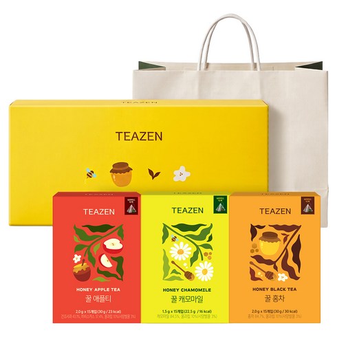티젠 꿀차 삼각티백 3종 선물세트 + 쇼핑백, 1세트, 홍차 30g + 애플티 30g + 캐모마일 22.5g