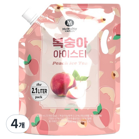 맥널티커피 대용량 복숭아 아이스티 파우치, 2.1L, 4개