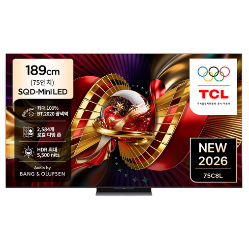 TCL 4K UHD Mini LED 프리미엄 SQD Google TV, 75C8L, 방문설치, 벽걸이형, 189cm(75인치)