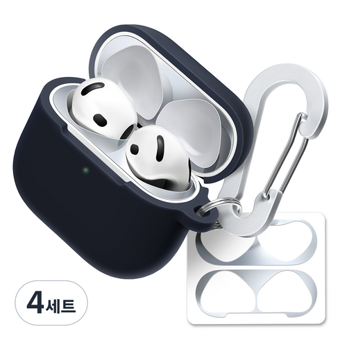 슈퍼디비전 실리콘 이어폰 케이스 + 키링 + 카라비너 + 철가루방지 스티커 세트, 에어팟 4세대, 잉크, 4세트