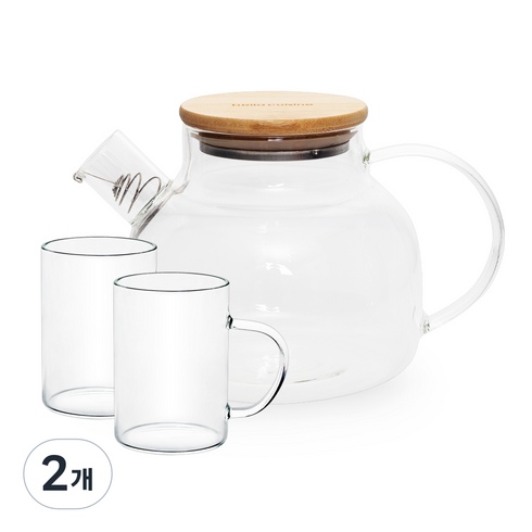 벨라쿠진 우드커버 글라스 티팟 + 찻잔 2p 세트, 혼합색상, 1L, 2개