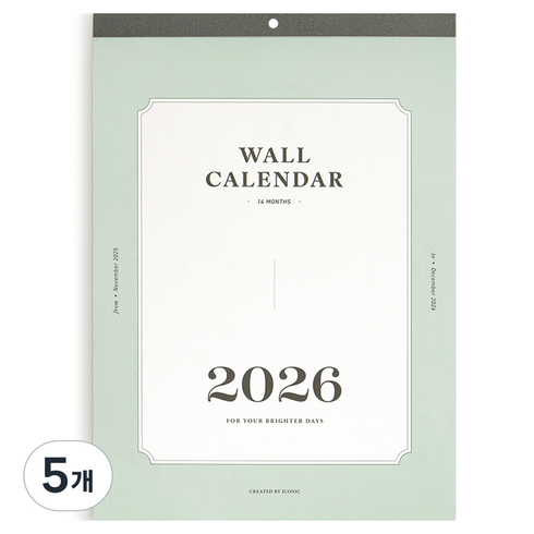 아이코닉 2026 월 캘린더 벽걸이 달력, 혼합색상, 5개