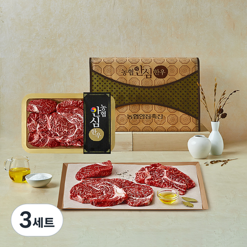 농협안심한우 1++(7)등급 채반세트 1호 1kg (등심500g + 채끝300g + 안심200g) (냉장), 3세트
