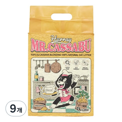 허레이 응고형 미스터카사부 두부 카사바 블렌딩 고양이 모래, 7L, 2.8kg, 9개, 무향