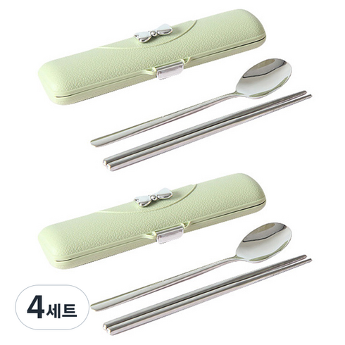 휴대용 2인용 리본 수저 세트, 4세트, 스푼+젓가락+케이스+거치대, 민트