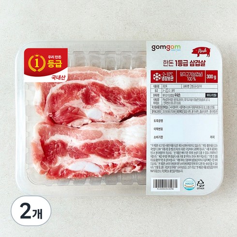 곰곰 한돈 1등급 삼겹살 (냉장), 300g, 2개