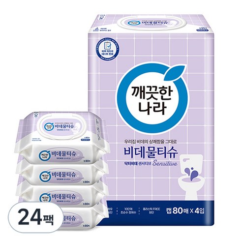 깨끗한나라 닥터비데 센서티브 화장실용 비데물티슈 캡형, 55g, 80매, 24개