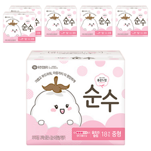 좋은느낌 순수 울트라 슬림 생리대 날개형, 중형, 18개입, 6개