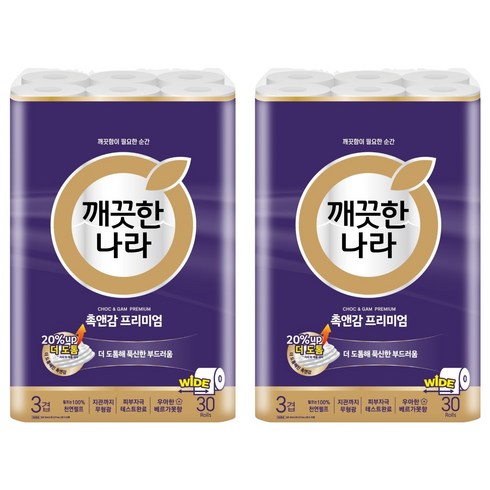 깨끗한나라 천연펄프 3겹 촉앤감 프리미엄 롤화장지, 30m, 30개입, 2개