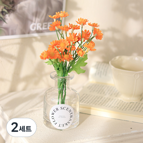 센트바스켓 마트리카리아 조화 + 화병 세트, 오렌지, 2세트