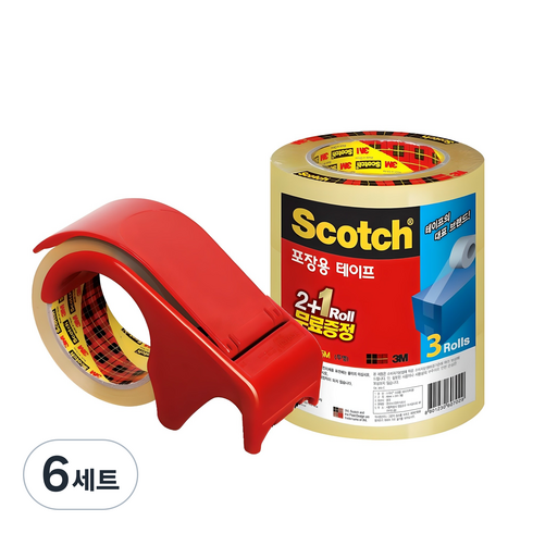 스카치 포장용 테이프 디스펜서 DP-300RD + 리필 3625V 48mm × 25m 3p 세트, 투명, 6세트