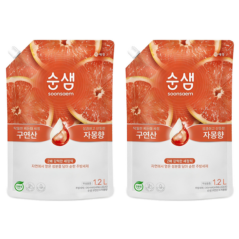 순샘 구연산 자몽 주방세제 리필, 1.2L, 2개