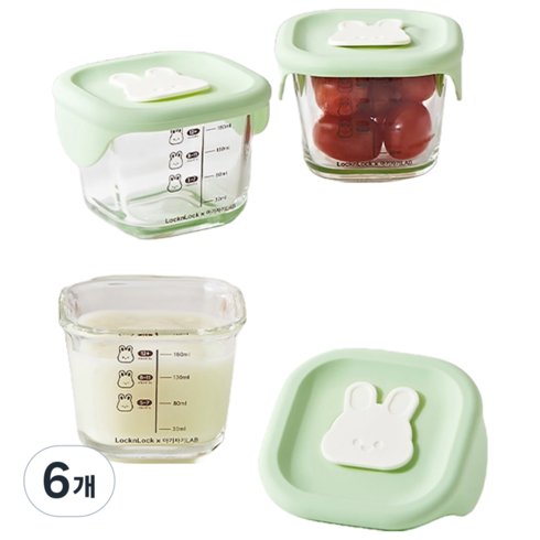 락앤락 레빗 사각 이유식 보관용기, 230ml, 그린, 6개