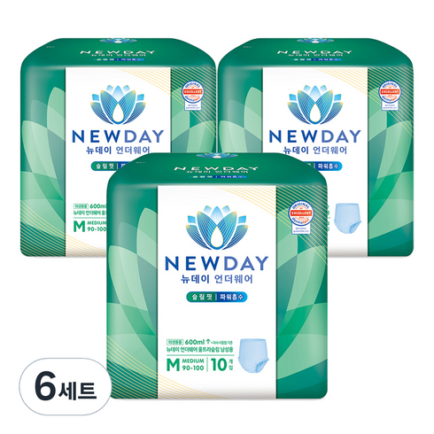 뉴데이 남성용 언더웨어 울트라슬림 성인기저귀, 중형, 10매입, 6세트