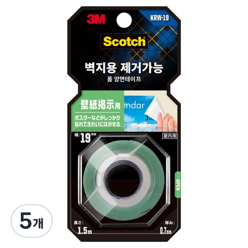 스카치 벽지용 제거가능 폼 양면 테이프 19mm x 1.5m, 5개