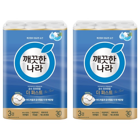 깨끗한나라 순수 프리미엄 더 퍼스트 천연펄프 3겹 고급롤화장지, 30m, 30개입, 2개