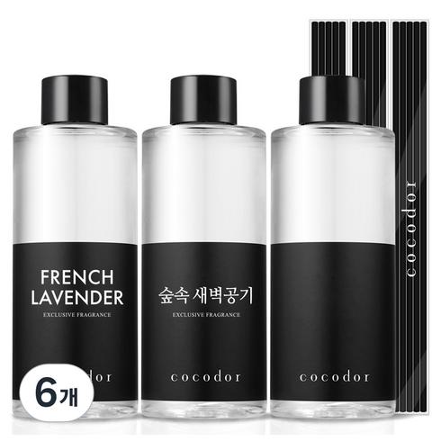 코코도르 디퓨저 리필액 + 리드스틱 5P, 베스트향3호(프렌치라벤더+숲속새벽공기+퍼퓸시리즈 랜덤발송), 200ml, 6개
