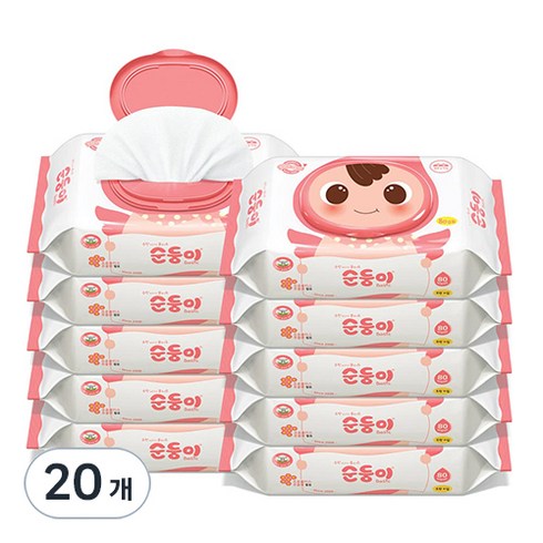 순둥이 베이직 무향 엠보싱 유아물티슈 캡형, 55g, 80매, 20개