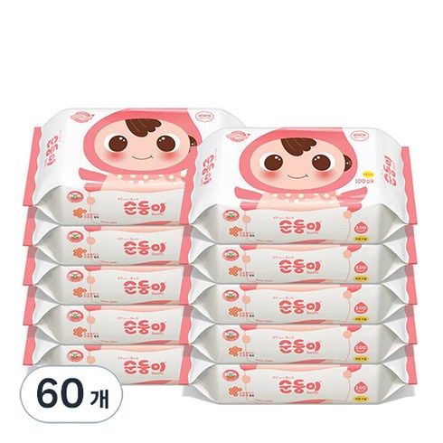순둥이 베이직 무향 엠보싱 유아물티슈 플러스 리필형, 55g, 100매, 60개