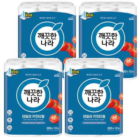 깨끗한나라 데일리 천연펄프 키친타올, 200매, 48개