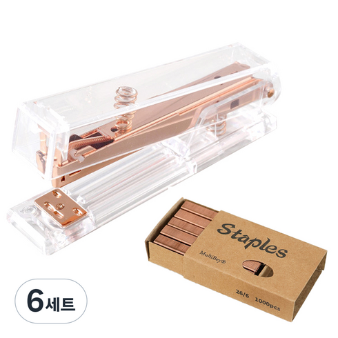투코비 투명 스퀘어 스테이플러 + 심 1000pcs 세트, 로즈골드, 6세트