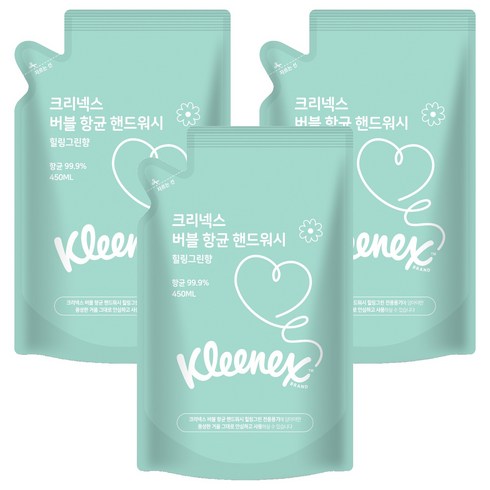 크리넥스 버블 항균 핸드워시 힐링그린향 리필, 450ml, 3개