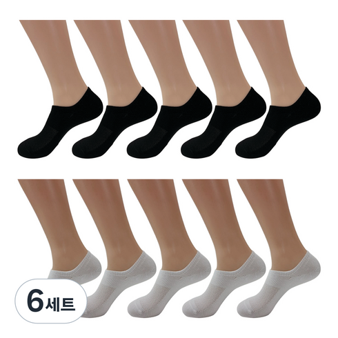 가파치 남성용 발등밴드 스포츠 논쿠션 스니커즈 양말 10켤레 세트, 무지 검, 무지 백, 6세트