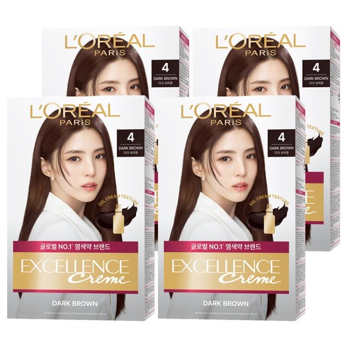 로레알파리 엑셀랑스 크림 빗캡으로 간편한 새치염색 염모제, 4호 다크 브라운, 4개