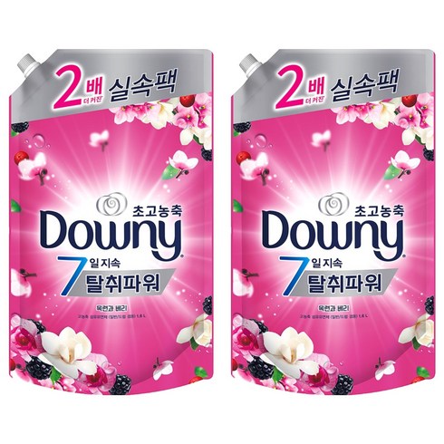 다우니 고농축 섬유유연제 7일 탈취파워 목련과 베리 리필, 1.6L, 2개