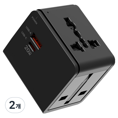누아트 Gan PD 20W 고속충전 해외 여행용 멀티 어댑터 2포트 C타입 + USB 포트 블랙, 2개