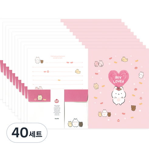 프롬앤투 꽁냥꽁냥 프렌즈 편지지 1디자인 편지지 4p + 편지봉투 2p + 띠지 세트 FL113-3, 혼합색상, 40세트