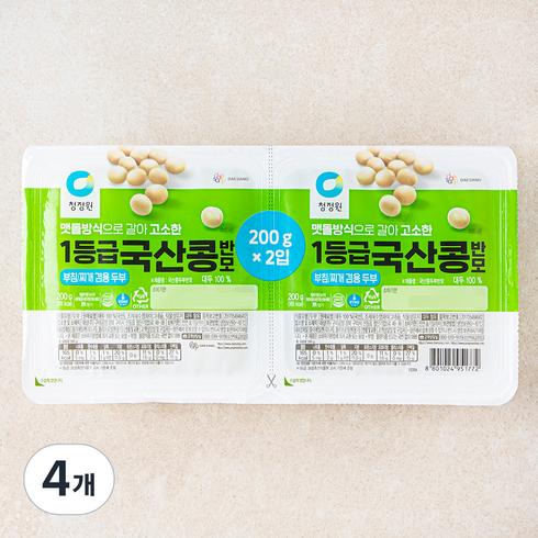 청정원 1등급 국산콩 반모(부침찌개겸용두부), 4개, 200g