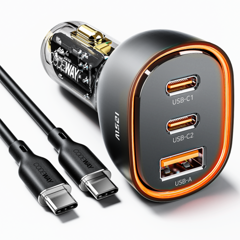 코드웨이 125w 3포트 2C + 1A 차량용 시거잭 자동차 고속 충전기 세트, UC8125BK-C10, 블랙