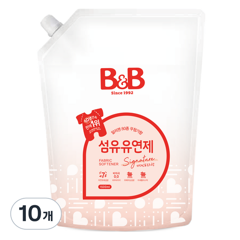 비앤비 유아 비자극 섬유유연제 자스민앤로즈향 리필형, 1.5L, 10개