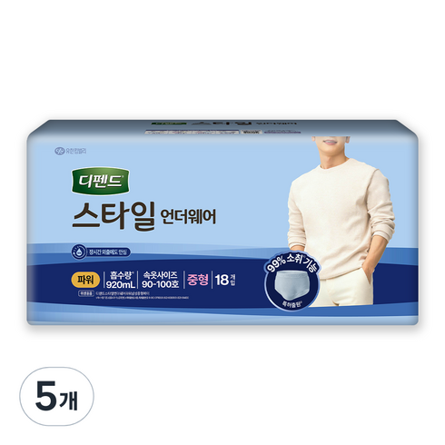 디펜드 남성용 스타일 언더웨어 파워 성인기저귀, 중형, 18개입, 5개