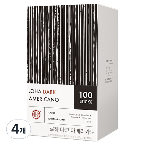 LOHA 다크 아메리카노 원두스틱커피, 4개, 100개입, 1g