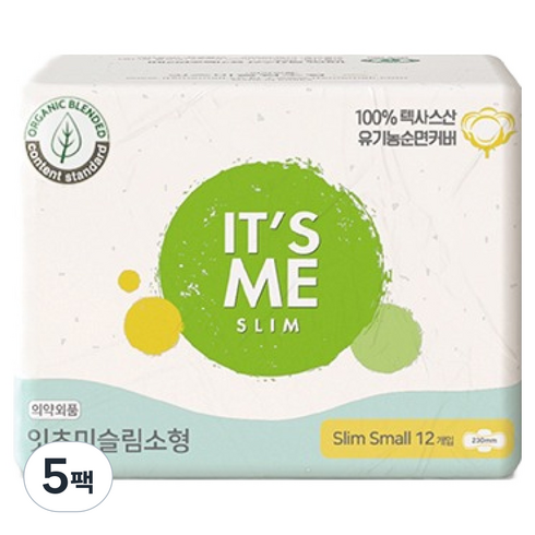 잇츠미 슬림 순면커버 생리대, 소형, 12개입, 5개