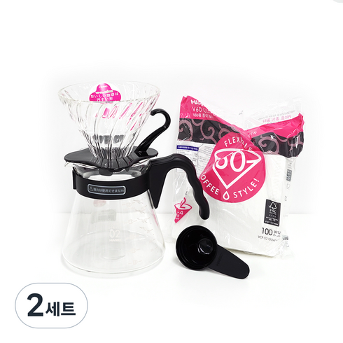 하리오 V60 블랙 VCS 유리 드립세트 3~4인, 커피서버 + 드리퍼 + 화이트여과지 + 계량스푼, 700ml, 2세트