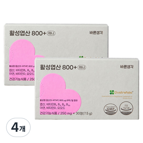 바른생각 활성엽산 800+ 미니 7.5g, 4개, 30정