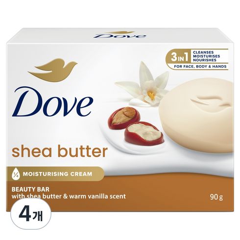 도브 시어버터 뷰티 바 클렌징 비누, 90g, 4개입
