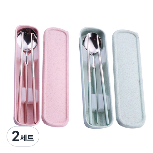 블룸엣홈 마카롱 학생용 도시락 숟가락 + 젓가락 + 케이스 세트 2인, 핑크, 그린, 숟가락 + 젓가락 + 케이스 2종, 2세트