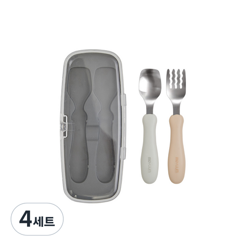 모윰 자기주도 실리콘 이유식 스푼 포크 세트 + 케이스, 그레이 + 베이지, 4세트