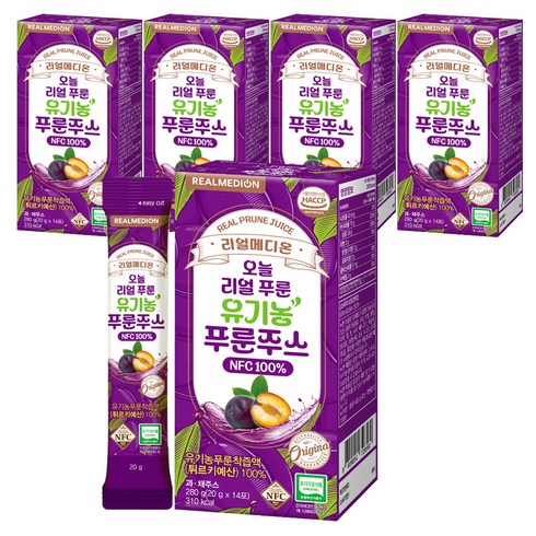 리얼메디온 오늘 리얼 유기농 푸룬주스 NFC 100% 14p, 5개, 280g